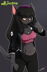  abs anthro athletic athletic_female black_body black_fur black_hair blush bottomwear bra breasts chalo clothed clothing domestic_cat felid feline felis female fur hair hi_res las_lindas long_hair mammal pants rachael_saleigh shirt solo sports_bra topwear underwear yellow_eyes 