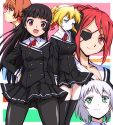  5girls bell black_hair black_legwear blonde_hair blue_eyes breasts brown_eyes brown_hair cardigan cleavage commentary_request crotch_seam eyepatch green_eyes hair_ornament hairband himenokouji_akiko kamisimo_90 kawamura_kousuke long_hair medium_breasts multiple_girls nasuhara_anastasia nikaidou_arashi one_eye_closed onii-chan_dakedo_ai_sae_areba_kankeinai_yo_ne panties panties_under_pantyhose pantyhose ponytail red_eyes red_hair sawatari_ginbee_haruomi school_uniform takanomiya_arisa thighhighs underwear 