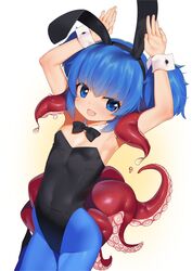  :d animal_ears arched_back armpits arms_up bad_id bad_twitter_id bare_arms bare_shoulders black_bow black_bowtie black_footwear black_hairband black_leotard blue_eyes blue_hair blue_pantyhose blush bow bowtie breasts commentary_request covered_navel cowboy_shot detached_collar dripping dutch_angle ear_down fake_animal_ears female gradient_background groin hair_between_eyes hairband hands high_heels highres hip_focus leotard looking_at_viewer miyamae_(miyazen9311) open_mouth original palms pantyhose petite playboy_bunny rabbit_ears shiny_clothes shiny_legwear shiny_skin sidelocks skin_tight small_breasts smile solo standing standing_on_one_leg strapless strapless_leotard suction_cups taut_leotard tentacle thick_eyebrows twintails unaligned_ears white_background wing_collar wrist_cuffs yellow_background 