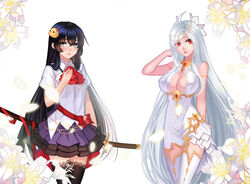  2girls ahoge arms_behind_back bird_hair_ornament black_hair black_legwear blush breasts chinese_commentary cleavage closed_mouth collared_shirt commentary_request cowboy_shot douyougen dress floral_background flower grey_hair hair_ornament hand_on_own_chest head_tilt huge_breasts katana lace lace-trimmed_legwear lace_trim lily_(flower) long_hair medium_breasts multiple_girls original photoshop_(medium) red_eyes red_ribbon ribbon sheath sheathed shirt short_sleeves sword thighhighs very_long_hair weapon white_background white_dress white_legwear white_shirt wing_collar yellow_eyes 