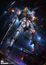  asteroid battle beam_rifle char&#039;s_counterattack character_name commentary_request debris energy_gun explosion fin_funnels funnels_(gundam) gundam mecha no_humans nu_gundam photoshop_(medium) realistic robot science_fiction space star_(sky) thedurianart weapon 