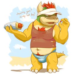  1:1 anthro barefoot biped bodily_fluids bowser bulge clothed clothing confusion dialogue english_text feet food front_view hat headgear headwear holding_food holding_object hollo_nut hot_dog koopa male mario_bros midriff navel nintendo nipple_outline open_mouth overweight overweight_anthro overweight_male pecs pubes scalie shell-less shirt simple_background solo speedo standing sweat swimwear tank_top text topwear visor_cap 