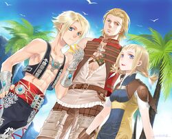  2boys :t abs bad_id bad_pixiv_id basch_fon_ronsenburg bird blonde_hair blue_eyes blue_sky commentary_request day female final_fantasy final_fantasy_xii jewelry looking_at_viewer multiple_boys necklace palm_tree penelo raven_(ambrosia) scar sky tree vaan_(ff12) vest 