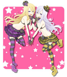  2girls bare_shoulders bikini bikini_top_only blonde_hair blue_eyes commentary_request enomoto_(luck-by-luck) exela_(summon_night) gloves hat mini_hat mini_top_hat multiple_girls navel platform_footwear skirt skull_belt striped_clothes striped_thighhighs summon_night summon_night_5 swimsuit thighhighs top_hat veloce_(summon_night) white_hair 