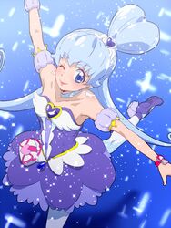  alternate_form alternate_hairstyle ballerina bare_shoulders blue_background blue_eyes blue_hair brooch choker commentary_request cure_princess cure_princess_(sherbet_ballet) female hair_bun happinesscharge_precure! heart heart_brooch heart_hair_bun jewelry lips magical_girl one_eye_closed outstretched_arms pantyhose precure shirayuki_hime skirt solo tj-type1 twintails wing_brooch 