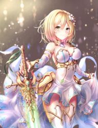  agibe blonde_hair blush breasts choker cleavage commentary_request cowboy_shot detached_sleeves djeeta_(granblue_fantasy) dress female glorybringer_(granblue_fantasy) granblue_fantasy green_ribbons hair_between_eyes hair_ornament highres holding holding_sword holding_weapon looking_at_viewer medium_breasts ribbon short_dress short_hair skirt_hold smile solo standing strapless strapless_dress striped_clothes striped_dress sword thighhighs weapon white_dress white_thighhighs yellow_eyes 