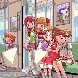  6+girls aisaki_emiru backpack bag bike_shorts blush bottle bow bowtie brown_eyes brown_hair commentary dated dokidoki!_precure dress footwear_bow forehead frilled_skirt frilled_sleeves frills glasses green_shirt hairbow handbag head_on_another&#039;s_shoulder head_tilt highres holding holding_bottle holding_strap hugtto!_precure in-franchise_crossover isedaichi_ken kenzaki_makoto leaning_on_person long_hair looking_at_another madoka_aguri miniskirt morimoto_eru multiple_girls nono_kotori orange_hair overalls pink_skirt poster_(object) precure purple_hair randoseru reading red-framed_eyewear red_bow red_bowtie red_dress red_eyes red_hair seat shirabe_ako shirt shoes short_hair short_sleeves side-by-side signature sitting skirt sleeping sleeping_on_person sleeping_upright sleeveless suite_precure tablet_pc thick_eyebrows thighhighs train_interior trait_connection twintails white_legwear white_shirt yellow_skirt zettai_ryouiki 