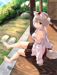  animal_ear_fluff animal_ears arm_support bare_legs barefoot black_skirt bluekalmia breasts bush commentary_request day detached_sleeves feet female full_body grey_hair hair_between_eyes halterneck hat hip_vent inubashiri_momiji large_breasts long_sleeves miniskirt outdoors pillar pleated_skirt pom_pom_(clothes) red_eyes rock shadow shirt short_hair sitting skirt solo tail tassel thighs tokin_hat touhou tree veranda white_shirt wolf_ears wolf_tail 