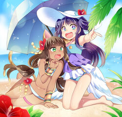  +_+ 2girls :d animal_ears bastet_(p&amp;d) beach bikini blue_eyes brown_hair cat_ears cat_tail commentary_request dark-skinned_female dark_skin day egyptian flower green_eyes hat hat_flower hibiscus kaki_s long_hair lumiel_(p&amp;d) multiple_girls open_mouth outdoors photoshop_(medium) puzzle_&amp;_dragons smile strapless swimsuit tail tube_top two_side_up water white_bikini 