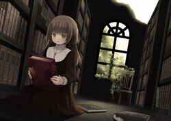  blush book bookshelf brown_hair chair commentary_request dutch_angle female green_eyes holding holding_book indoors jewelry key key_necklace library long_hair necklace no_headwear nun on_floor open_mouth original plant solo tozaki_makoto traditional_nun vines window 