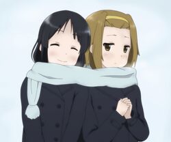  2girls akiyama_mio black_hair brown_eyes brown_hair closed_eyes coat commentary_request hairband happy k-on! long_hair multiple_girls scarf shared_clothes shared_scarf shizupu short_hair smile tainaka_ritsu 