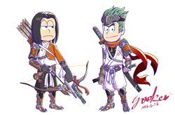  2boys absurdres arrow_(projectile) bad_id bad_pixiv_id bow_(weapon) brown_hair chinese_commentary commentary_request cosplay genji_(overwatch) genji_(overwatch)_(cosplay) green_hair hanzo_(overwatch) hanzo_(overwatch)_(cosplay) highres katana male_focus matsuno_ichimatsu matsuno_karamatsu multiple_boys osomatsu-san osomatsu_(series) overwatch overwatch_1 quiver signature sword weapon yooko 