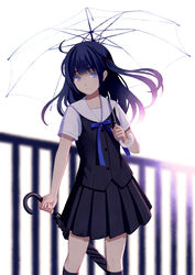  black_shirt black_skirt black_socks blue_eyes blue_hair blue_ribbon closed_umbrella commentary_request female head_tilt holding holding_umbrella kneehighs long_hair looking_at_viewer one_side_up original pleated_skirt railing ribbon school_uniform shirt short_sleeves skirt socks solo standing tozaki_makoto umbrella white_background 