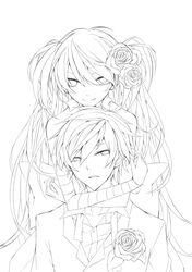  1boy bad_id bad_pixiv_id female flower greyscale hair_flower hair_ornament highres line_art long_hair looking_at_viewer monochrome noka_(blackheart1118) original rose short_hair smile upper_body 