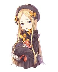  :d abigail_williams_(fate) black_bow black_dress black_hat blonde_hair blue_eyes bow commentary_request dress fate/grand_order fate_(series) female frilled_sleeves frills hairbow hat holding holding_stuffed_toy long_hair long_sleeves looking_at_viewer mirei_kh13 open_mouth orange_bow parted_bangs simple_background sleeves_past_fingers sleeves_past_wrists smile solo straight_hair stuffed_animal stuffed_toy teddy_bear upper_body very_long_hair white_background 