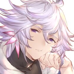  1boy ahoge bishounen closed_mouth commentary_request fate/grand_order fate_(series) hair_between_eyes hair_ornament head_rest light_purple_hair long_hair male_focus merlin_(fate) mirei_kh13 purple_eyes simple_background solo turtleneck upper_body white_background 