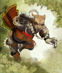  action_pose angry anthro armor bottomwear bracers cheetah claws clothed clothing fangs felid feline female greaves green_eyes hattonslayden jewelry loincloth mammal necklace outside pawpads pink_nose plant pose pounce solo spots teeth whiskers 