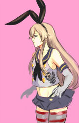  anchor animal_ears bad_deviantart_id bad_id blonde_hair blue_eyes crop_top elbow_gloves fake_animal_ears female flat_chest gloves hair_ornament hairband highleg highleg_panties kantai_collection long_hair microskirt midriff panties rabbit_ears red_seiryu sailor_collar shimakaze_(kancolle) sidelocks simple_background skirt solo striped_clothes striped_thighhighs thighhighs underwear zettai_ryouiki 