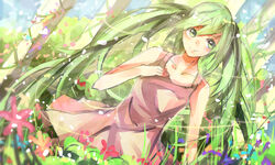  alternate_costume alternate_hair_color commentary_request dress female flower green_eyes green_hair hatsune_miku highres long_hair photoshop_(medium) solo sunyuqian twintails vocaloid 