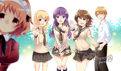  1boy 4girls :d ;d arai_cherry artist_name beige_shirt black_legwear black_necktie blonde_hair blurry blush braid breasts brown_eyes brown_hair collared_shirt depth_of_field glasses hair_between_eyes hayama_teru juliet_sleeves kneehighs knees_together_feet_apart long_hair long_sleeves looking_at_viewer maid maid_headdress medium_breasts multiple_girls necktie nishikawa_youko nose_blush odagiri_futaba official_art one_eye_closed open_mouth orange_hair pink_eyes pleated_skirt puffy_sleeves purple_eyes purple_hair rimless_eyewear sansha_san&#039;you school_uniform serafuku shirt short_hair signature skirt smile socks sonobe_shino sweatdrop thighhighs translated twin_braids waving white_shirt wing_collar yamaji_mitsugu yellow_eyes yellow_legwear 