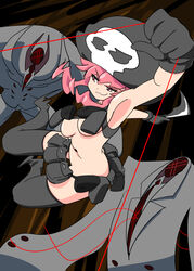  absurdres alternate_costume armpits bad_id bad_pixiv_id battle belt black_gloves boots breasts chest_harness covers_(kill_la_kill) feconf female formal gloves harness hat highres holster jakuzure_nonon kill_la_kill life_fiber living_clothes medium_breasts naked_belt nude nudist_beach_uniform pink_eyes pink_hair revealing_clothes shoulder_holster sidelocks skull_print smirk solo_focus spoilers string string_of_fate suit thigh_boots thighhighs utility_belt 