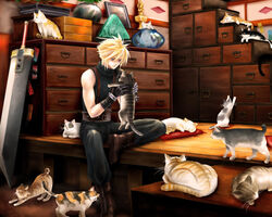  1boy blonde_hair cloud_strife feline final_fantasy final_fantasy_vii gloves guernica huge_weapon sitting sword too_many_cats weapon 