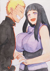  1boy 774_(nanashi) absurdres bad_id bad_pixiv_id black_hair blonde_hair breasts closed_eyes couple facial_mark female grin highres holding_hands hyuuga_hinata interlocked_fingers large_breasts long_hair naruto:_the_last naruto_(series) photoshop_(medium) purple_eyes short_hair smile straight traditional_media uzumaki_naruto 