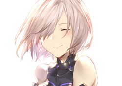  bare_shoulders blush closed_eyes closed_mouth commentary_request fate/grand_order fate_(series) female hair_over_one_eye mash_kyrielight mirei_kh13 short_hair simple_background smile solo upper_body white_background white_hair 