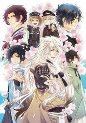  6+boys bad_id bad_pixiv_id black_hair blue_eyes brown_eyes brown_hair cape cherry_blossoms eyepatch flower green_eyes hanazawa hat hotarumaru ishikirimaru japanese_clothes kogitsunemaru maeda_toushirou male_focus multiple_boys necktie oerba_yun_fang open_mouth photoshop_(medium) ponytail reaching reaching_towards_viewer red_eyes red_hair scarf shokudaikiri_mitsutada smile tonbokiri_(touken_ranbu) touken_ranbu white_hair yamato-no-kami_yasusada yellow_eyes 