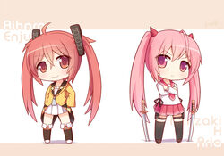  2girls aihara_enju black_bullet chibi chinese_commentary color_connection commentary_request hidan_no_aria highres horn_hair_ornament kanzaki_h._aria langbazi long_hair multiple_girls photoshop_(medium) pink_hair red_eyes school_uniform thighhighs trait_connection twintails zettai_ryouiki 