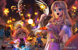  3girls 6+boys :&gt; animal_crossing armor aura belt blonde_hair bowser box burning champion&#039;s_tunic_(zelda) commentary curry curry_rice defeat destruction dougi dress eating family_computer_robot fingerless_gloves fire fire_emblem fire_emblem_awakening food freeze-ex galeem game_&amp;_watch ganondorf gloves glowing hair_ornament headband inkling inkling_player_character isabelle_(animal_crossing) kirby kirby_(series) link long_hair looking_at_viewer mario_(series) martial_arts_belt metal_gear_(series) metal_gear_solid mewtwo mother_(game) mother_2 mr._game_&amp;_watch multiple_boys multiple_girls multiple_wings ness_(mother_2) open_mouth outstretched_arm photoshop_(medium) pikachu pointy_ears pokemon pokemon_(creature) princess_zelda rice robin_(female)_(fire_emblem) robin_(fire_emblem) robot ryu_(street_fighter) short_hair shoulder_armor smile solid_snake splatoon_(series) squirtle street_fighter super_smash_bros. sweat the_legend_of_zelda the_legend_of_zelda:_a_link_between_worlds the_legend_of_zelda:_breath_of_the_wild the_legend_of_zelda:_ocarina_of_time the_legend_of_zelda:_the_wind_waker tiara toon_link trembling walking wario warioware wings 