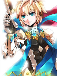  1boy aqua_eyes armor blonde_hair buckle chung_seiker commentary_request deadly_chaser_(elsword) elsword gloves gun hair_flaps handgun ivy60530 male_focus photoshop_(medium) scarf solo spiked_hair symbol-shaped_pupils weapon white_background 