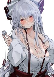  alcohol blush bow breasts cleavage collared_shirt commentary_request drunk female fujiwara_no_mokou grey_hair hair_between_eyes hairbow highres large_breasts long_hair long_sleeves looking_at_viewer mikan_(manmarumikan) pants parted_lips red_eyes red_pants sake shirt simple_background solo suspenders touhou white_background white_bow white_shirt 