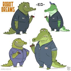  1:1 2020 anthro biped clothed clothing concept_art crocodile crocodilian crocodylid daniel_fernandez_casas ed_(robot_dreams) green_body hat headgear headwear male model_sheet official_art reptile robot_dreams scalie smoking solo 