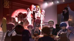  6+boys 6+girls absurdres alternate_costume apron banquet black_dress bocchi_the_rock! carrying chinese_commentary closed_eyes commentary_request crossover cup dress drum drum_set drunk eisen_(sousou_no_frieren) elf enmaided fake_horns family fern_(sousou_no_frieren) food frieren glasses gotoh_futari gotoh_hitori gotoh_michiyo gotoh_naoki heiter helmet highres himmel_(sousou_no_frieren) hiroi_kikuri holding holding_cup horned_helmet horns ijichi_nijika ijichi_seika indoors instrument jacket kissing kita_ikuyo leaning_on_person letterman_jacket looking_at_another maid maid_apron multiple_boys multiple_girls pa-san pointy_ears princess_carry sein_(sousou_no_frieren) shadow shoulder_carry siblings sisters sklt_(swyt8223) sousou_no_frieren stage_lights stark_(sousou_no_frieren) taking_picture thighhighs toasting_(gesture) white_apron white_thighhighs yamada_ryo yuri 