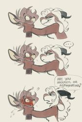  2024 absurd_res american_bobtail anthro asphyxiation baphypaws black_sclera blush bobbi_(baphypaws) bobtail_cat bovid brown_body brown_fur canid canine canis caprine choking cookie_(baphypaws) dialogue domestic_cat duo english_text evil_grin felid feline felis female female/female fur hair hi_res horn humor hybrid long_hair mammal open_mouth sheep simple_background smile text white_hair wolf 