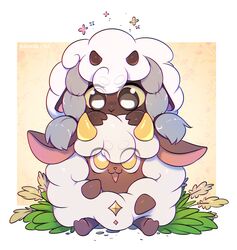  animal_ears artist_name bloominglynx border brown_horns colored_sclera crossover floral_print fluffy grass highres horns lamball looking_at_another no_humans open_mouth pal_(creature) palworld pokemon poking print_background sheep sheep_ears white_border wooloo yellow_background yellow_eyes yellow_horns yellow_sclera 