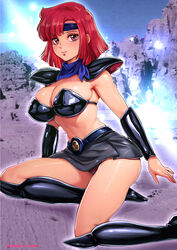  armor belt bikini_armor black_armor black_panties black_skirt boots breasts cleavage closed_mouth commentary_request dark_valis female headband highres kirishima_reiko knee_boots large_breasts light_smile lips looking_at_viewer medium_hair midriff miniskirt mugen_senshi_valis navel neckerchief oyaman panties photo_background purple_eyes red_hair shiny_skin shoulder_armor skirt sleeveless smile stomach thighs underwear vambraces 