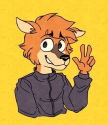  anthro boone_(finally_faded) clothing deer digital_media_(artwork) finally_faded gesture hand_gesture hand_on_arm happy hi_res jacket looking_at_viewer male mammal simple_background solo teeth teeth_showing topwear unnamedpixel v_sign yellow_background 