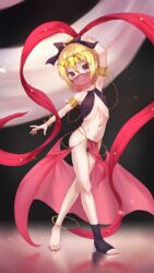  alternate_costume armlet armpits black_panties blonde_hair covered_nipples dancer dancing felt_(re:zero) female flat_chest full_body hair_between_eyes highres jewelry medium_hair mouth_veil navel navel_piercing nzz orange_eyes panties pelvic_curtain piercing re:zero_kara_hajimeru_isekai_seikatsu single_barefoot solo stirrup_legwear toeless_legwear underwear veil 