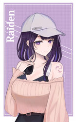  absurdres alternate_costume bare_shoulders baseball_cap black_bra bra character_name commentary contemporary electro_symbol_(genshin_impact) female genshin_impact grey_hat hat headphones headphones_around_neck highres long_hair long_sleeves looking_at_viewer mole mole_under_eye off-shoulder_shirt off_shoulder pink_shirt purple_background purple_eyes purple_hair raiden_shogun samseu shirt shoulder_tattoo solo tattoo underwear upper_body 