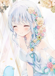  a20_(atsumaru) aitsuki_nakuru bare_shoulders bird blue_bird blue_hair blush braid breasts cleavage closed_eyes closed_mouth dress female flower green_ribbons hair_flower hair_ornament hair_ribbon highres jewelry la_priere light_blue_hair long_hair necklace ribbon rose smile solo strapless strapless_dress utaite wedding_dress yellow_flower 