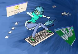  2024 anthro blue_background blue_body blue_hair blue_scales cavemanon_studios clothing digital_drawing_(artwork) digital_media_(artwork) dinosaur dromaeosaurid extinct eyelashes faustanon female fooly_cooly_(snoot_game) footwear green_eyes hair hourglass_(object) keyboard long_tail microsoft microsoft_solitaire microsoft_windows prehistoric_species reptile scales scalie shoes short_hair simple_background smile sneakers snoot_game solitaire solo surfing tail tail_tuft theropod tuft 