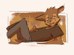  anthro bottomwear cloth clothing deer denim denim_bottomwear denim_clothing dreamywolfdd finally_faded hand_on_belly hi_res jeans leo_(finally_faded) looking_back lying male mammal new_world_deer on_back pants pudu shirt smile solo tired tired_eyes topwear 