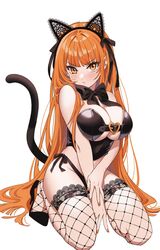  animal_ears black_bow black_footwear bow breasts cat_ears cat_tail cleavage closed_mouth fake_animal_ears female fishnet_thighhighs fishnets frown full_body high_heels highres kneeling lace-trimmed_thighhighs lace_ears large_breasts long_hair moya_(toatomoot) nail_polish orange_eyes orange_hair orange_nails original panties pout side-tie_panties simple_background solo tail thighhighs tsurime underwear v-shaped_eyebrows very_long_hair white_background 