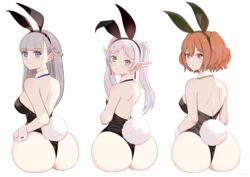  3girls absurdres animal_ears aqua_eyes ass back black_hairband black_leotard blue_eyes breasts brown_hair detached_collar earrings elf fake_animal_ears fake_tail frieren from_behind grey_hair hair_behind_ear hair_between_eyes hairband head_tilt highres jewelry kanne_(sousou_no_frieren) lawine_(sousou_no_frieren) leotard long_hair looking_back medium_breasts multiple_girls parted_bangs playboy_bunny pointy_ears rabbit_ears rabbit_tail sakurai_kouji short_hair simple_background small_breasts sousou_no_frieren tail two_side_up 