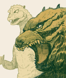  2024 5_fingers absurd_res bone_frill chubby_cheeks clawed_fingers claws colored digital_drawing_(artwork) digital_media_(artwork) duo fangs feral fingers frill_(anatomy) furrowed_brow godzilla godzilla_(1954) godzilla_(series) green_body green_eyes green_scales hi_res kaiju male monster open_mouth potpourri98 reptile roaring scales scalie simple_background standing teeth toho white_background yellow_teeth 