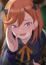  absurdres black_jacket black_ribbon black_skirt blush breasts collarbone commentary_request female furrowed_brow hair_between_eyes hair_ribbon highres jacket long_sleeves looking_at_viewer love_live! love_live!_superstar!! medium_breasts medium_hair neck_ribbon open_mouth orange_hair orange_ribbon plaid plaid_skirt purple_eyes ribbon shibuya_kanon skirt solo swept_bangs upper_body zanpon 