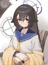  1boy absurdres black_hair blue_archive blush breasts choker collarbone commentary doodle_sensei_(blue_archive) erection_under_blanket female girls&#039;_frontline hair_between_eyes hair_flaps hairband halo highres jewelry long_hair looking_at_viewer medium_breasts mole mole_under_eye neckerchief off_shoulder purple_eyes ring round_eyewear sailor_collar school_uniform sensei_(blue_archive) serafuku sitar4081 sitting smile solo_focus super_sass_(girls&#039;_frontline) very_long_hair wedding_ring zzz 