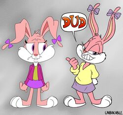  2024 absurd_res anthro babs_bunny barefoot bottomwear breasts buckteeth clothing dialogue duo ear_bow english_text feet female gesture grey_background grin hand_behind_back hand_gesture hi_res insult jacket lagomorph leporid mammal multicolored_body pointing purple_eyes rabbit scut_tail shirt short_tail simple_background skirt small_breasts smile square_crossover sweater tail teeth text tiny_toon_adventures tiny_toons_looniversity topwear two_tone_body unbakable warner_brothers watermark 